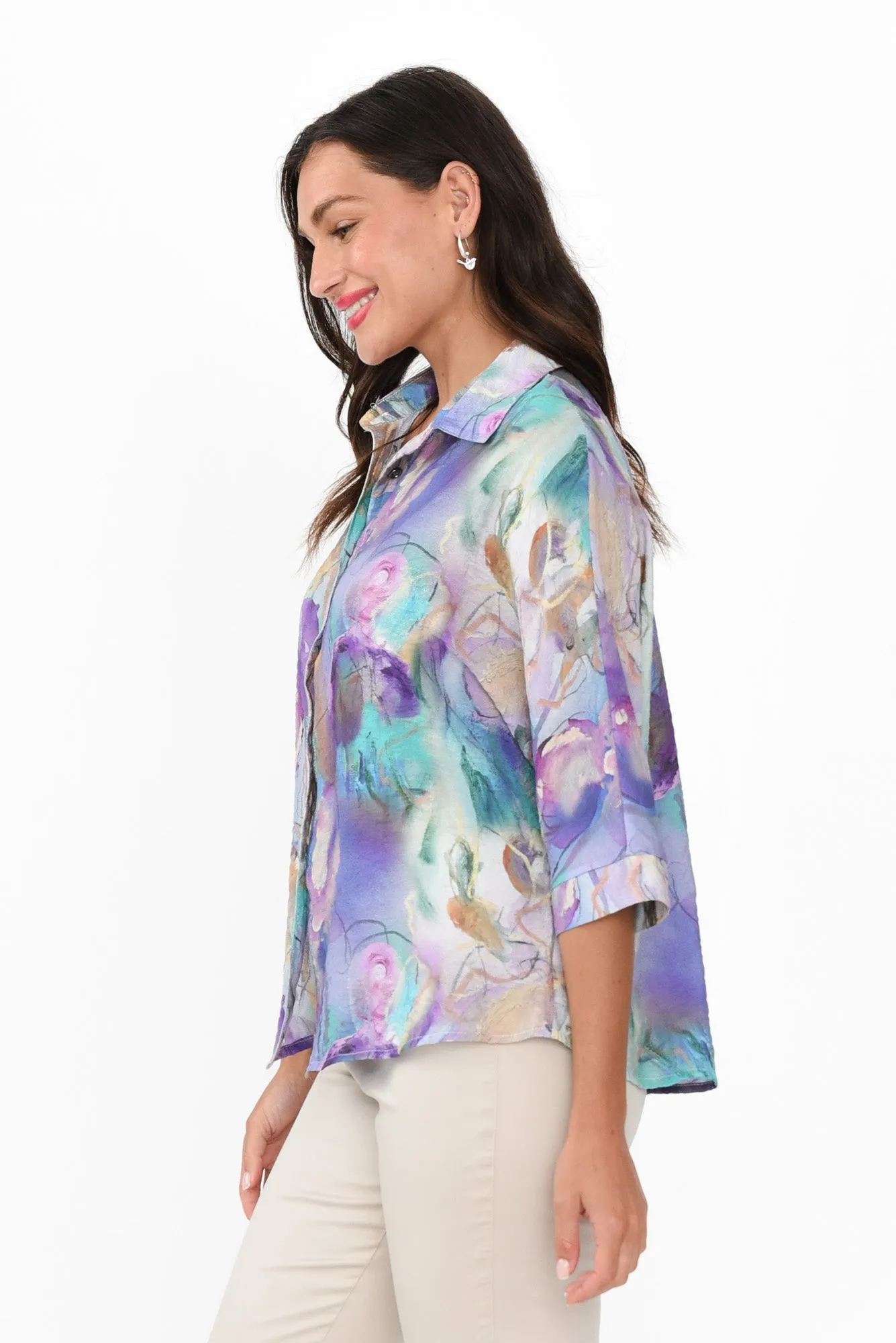 Specta Purple Abstract Cotton Linen Shirt sold by Blue Bungalow product image thumbnail 3