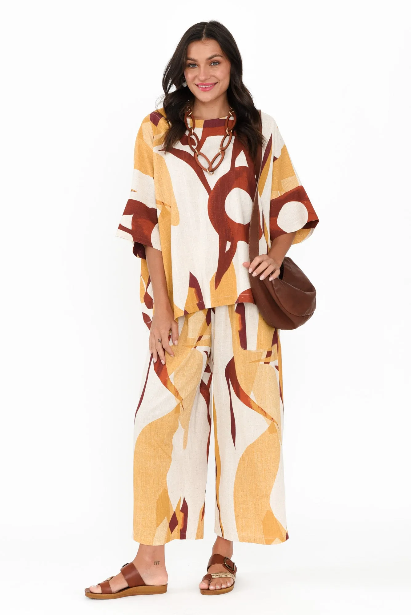 Minnelli Beige Abstract Linen Cotton Pants sold by Blue Bungalow product image thumbnail 2