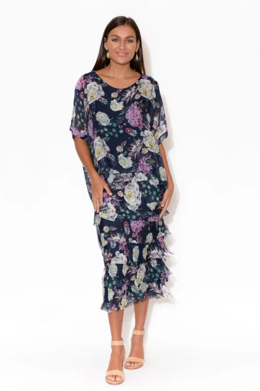 Katerina Navy Floral Silk Overlay Maxi Dress sold by Blue Bungalow