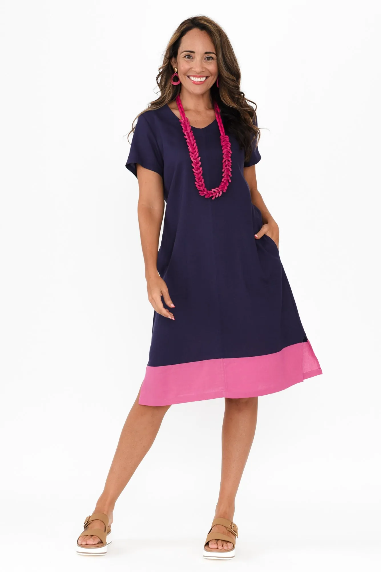 Elwood Navy Splice Linen Blend Dress sold by Blue Bungalow