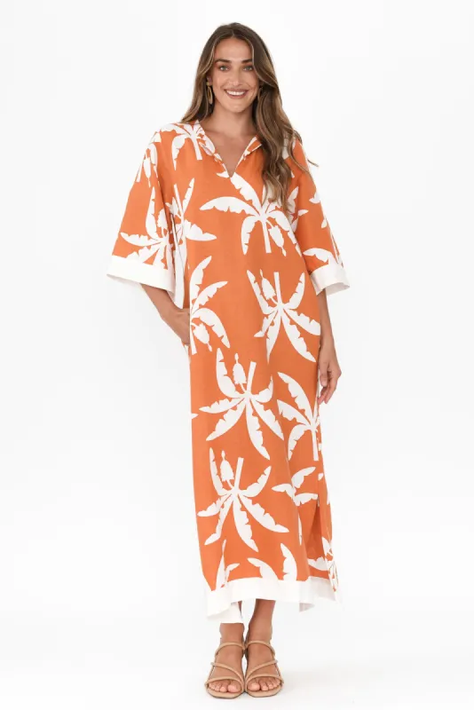 Tessie Orange Tropical Linen Kaftan sold by Blue Bungalow