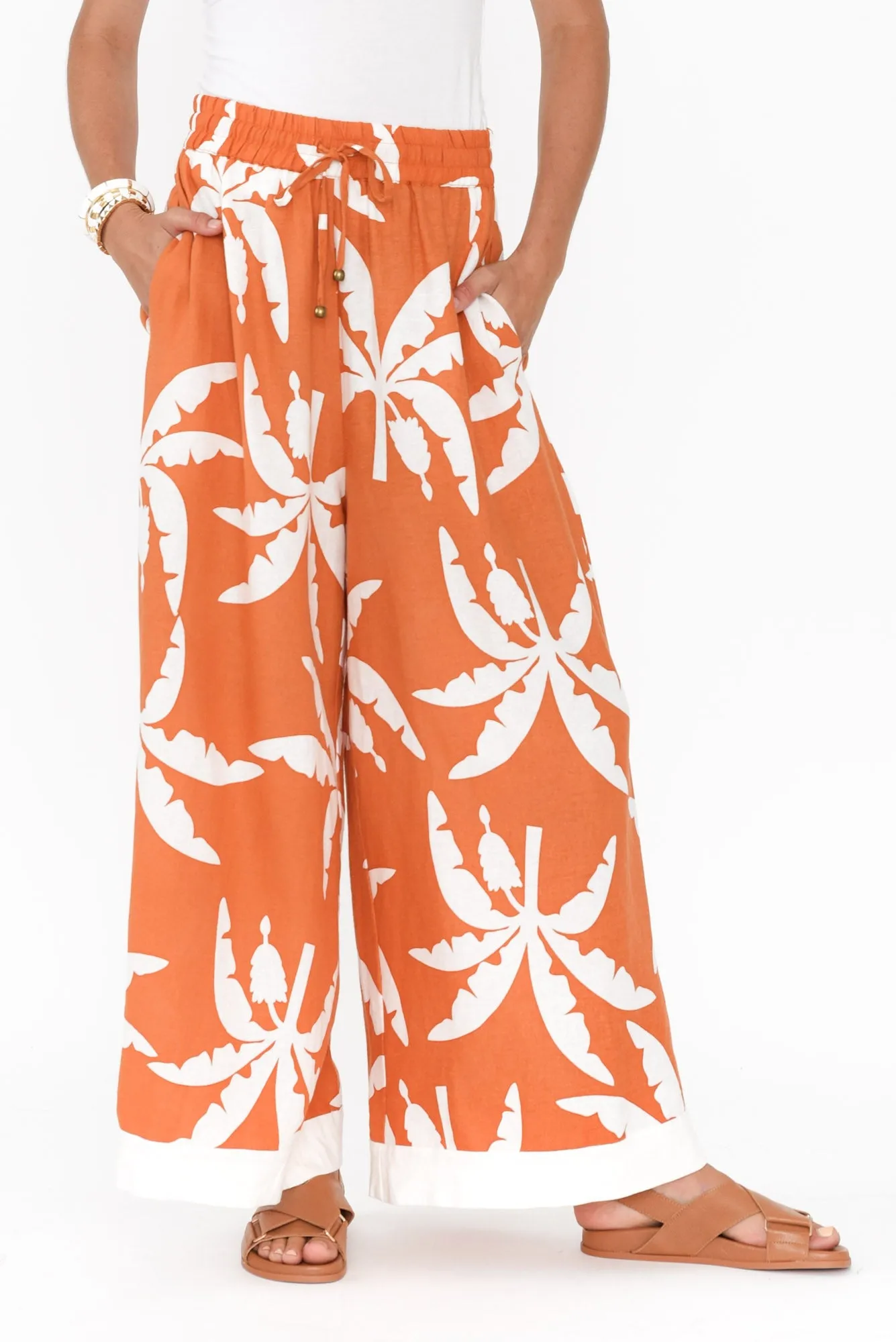 Sandrine Orange Tropical Linen Pants sold by Blue Bungalow
