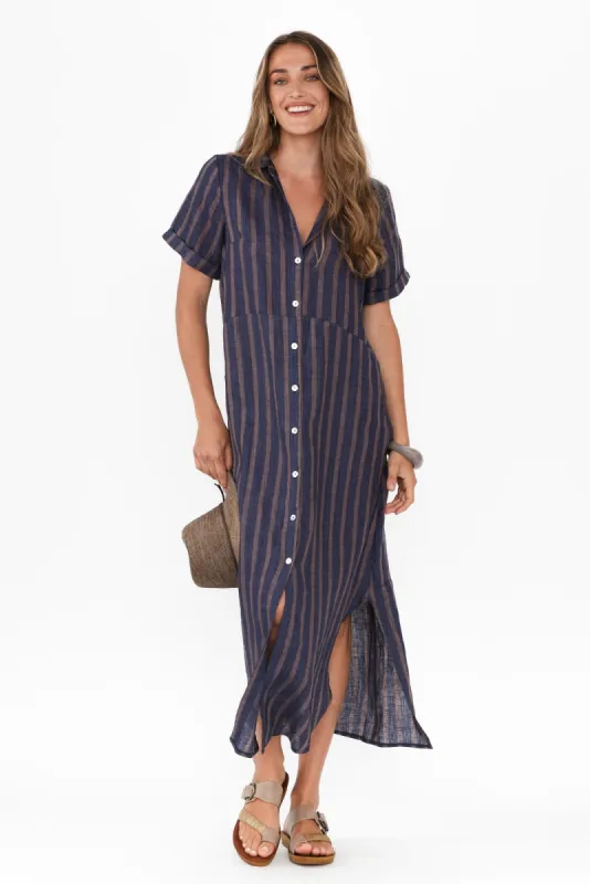 Aries Navy Stripe Linen Shirt Dress sold by Blue Bungalow