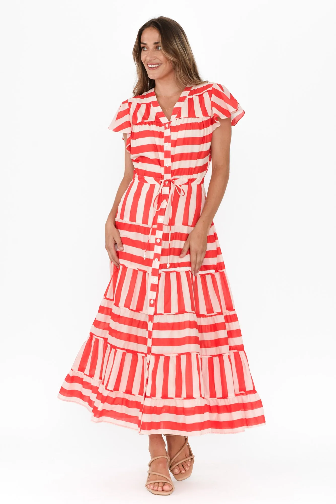 Delilah Red Stripe Cotton Tiered Dress sold by Blue Bungalow