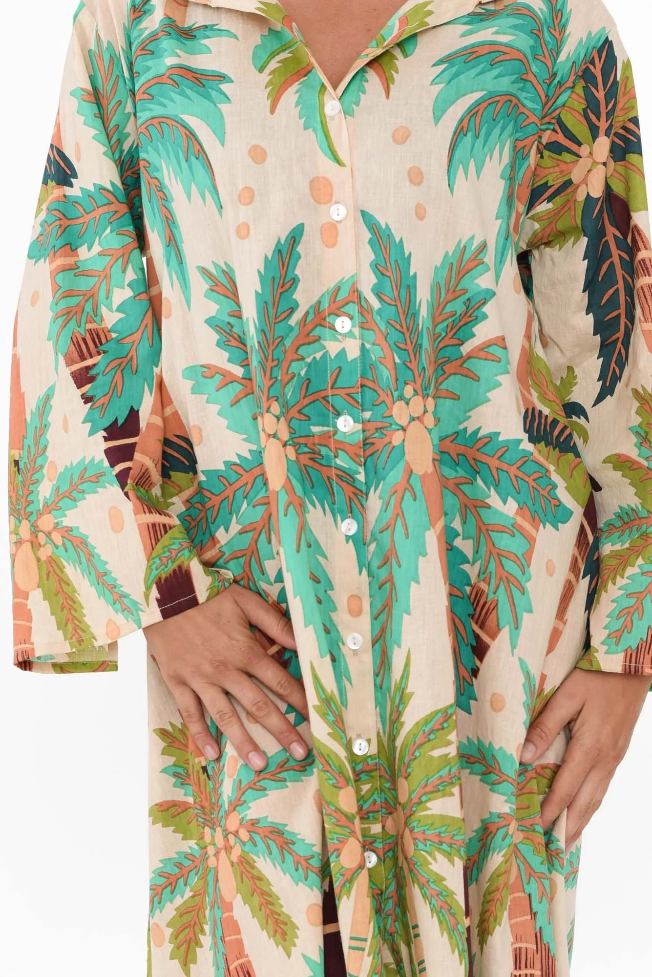 Stav Green Tropical Cotton Button Kaftan sold by Blue Bungalow product image thumbnail 5