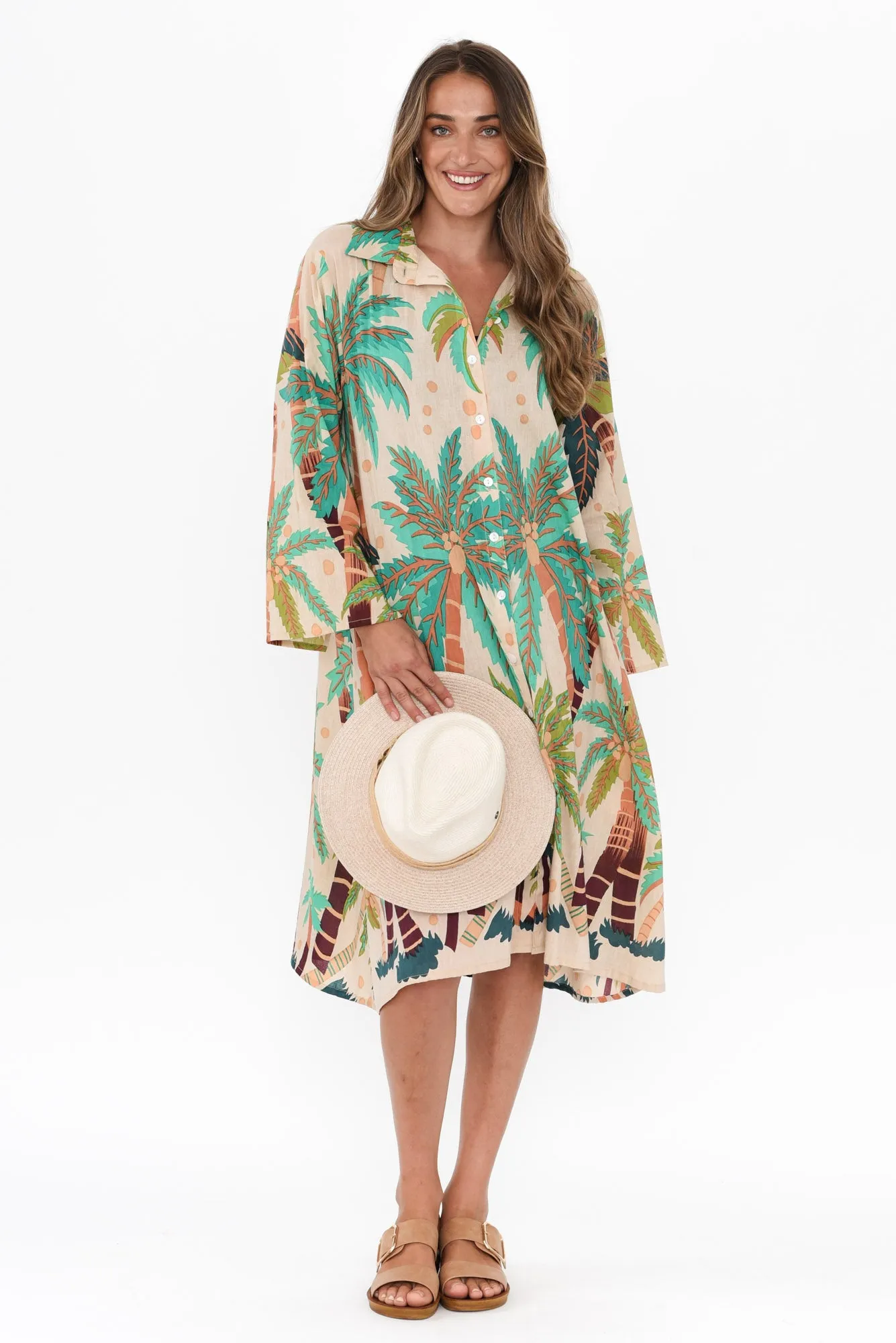 Stav Green Tropical Cotton Button Kaftan sold by Blue Bungalow