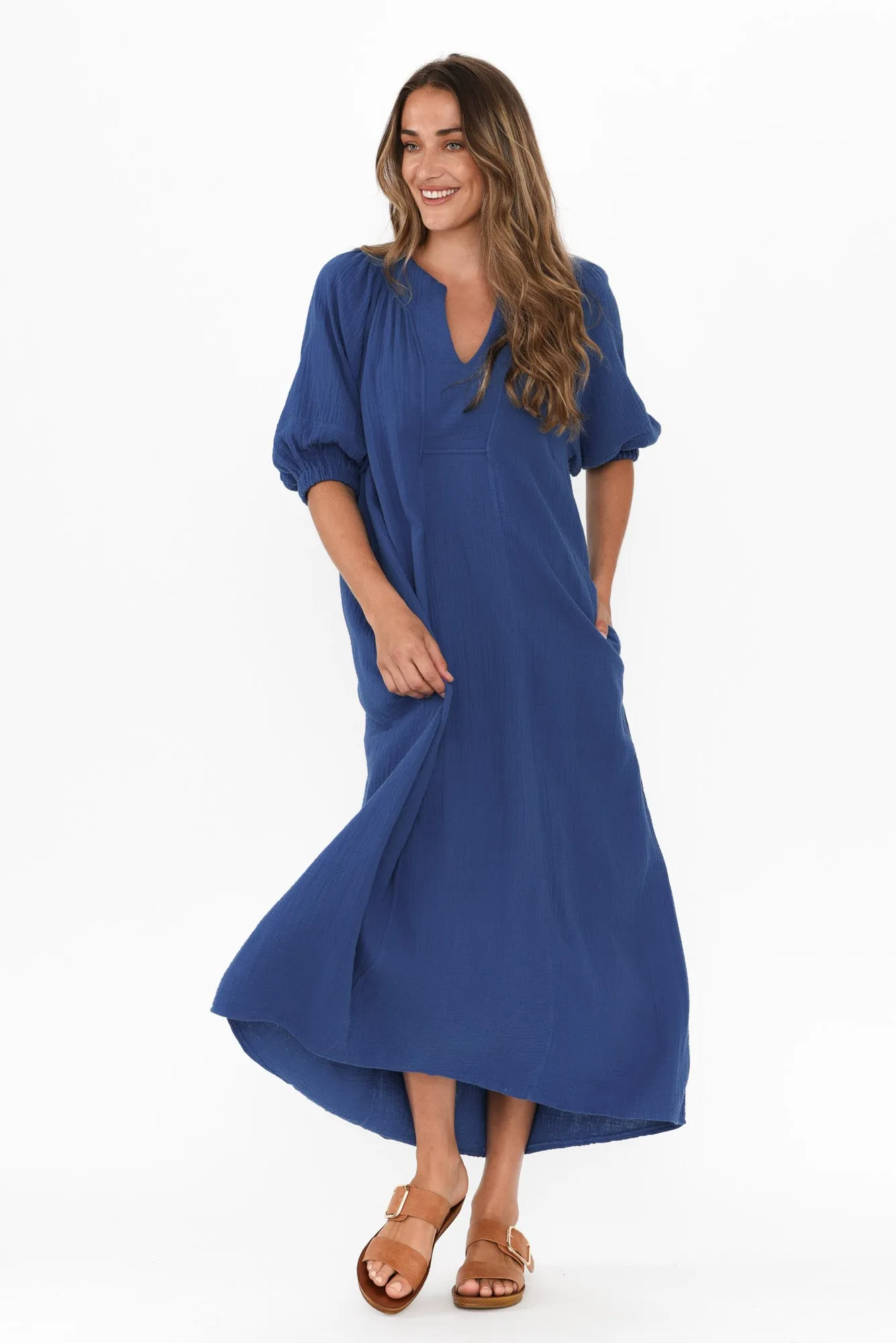 Neila Cobalt Cotton Cheesecloth Midi Dress sold by Blue Bungalow product image thumbnail 2