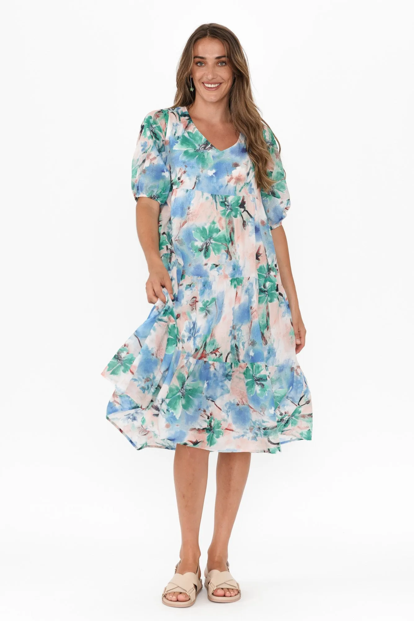 Cecca Blue Floral Cotton Tier Dress sold by Blue Bungalow product image thumbnail 2