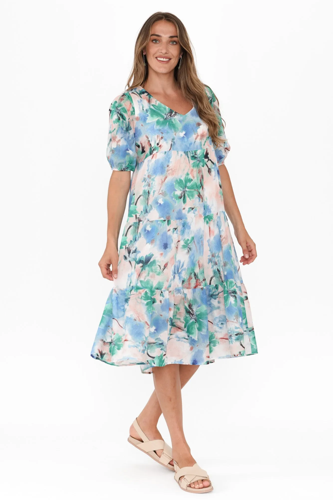 Cecca Blue Floral Cotton Tier Dress sold by Blue Bungalow