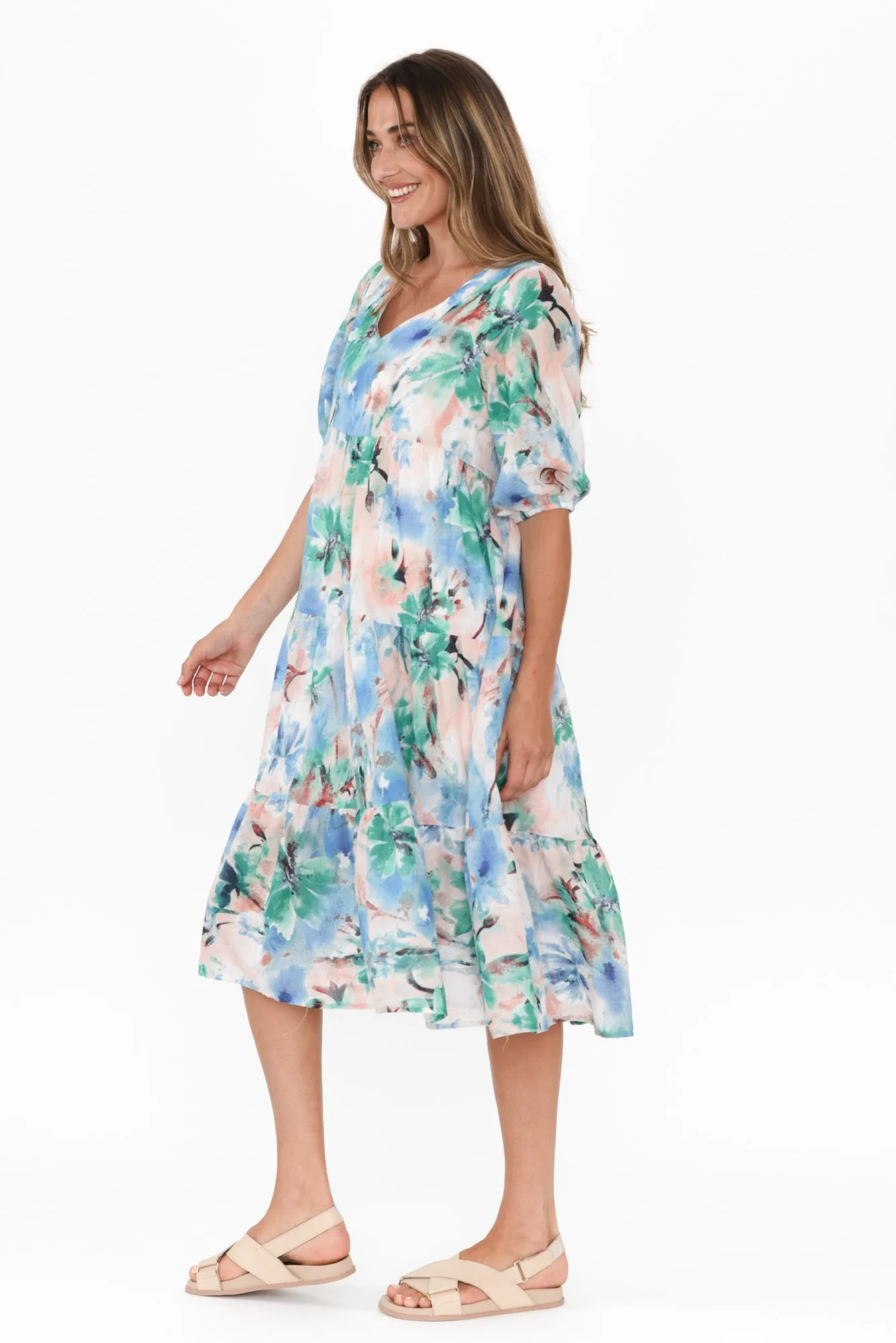 Cecca Blue Floral Cotton Tier Dress sold by Blue Bungalow product image thumbnail 3