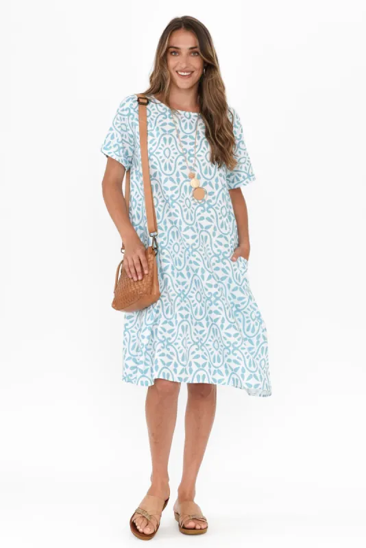 Shayann Blue Geo Linen Cotton Dress sold by Blue Bungalow