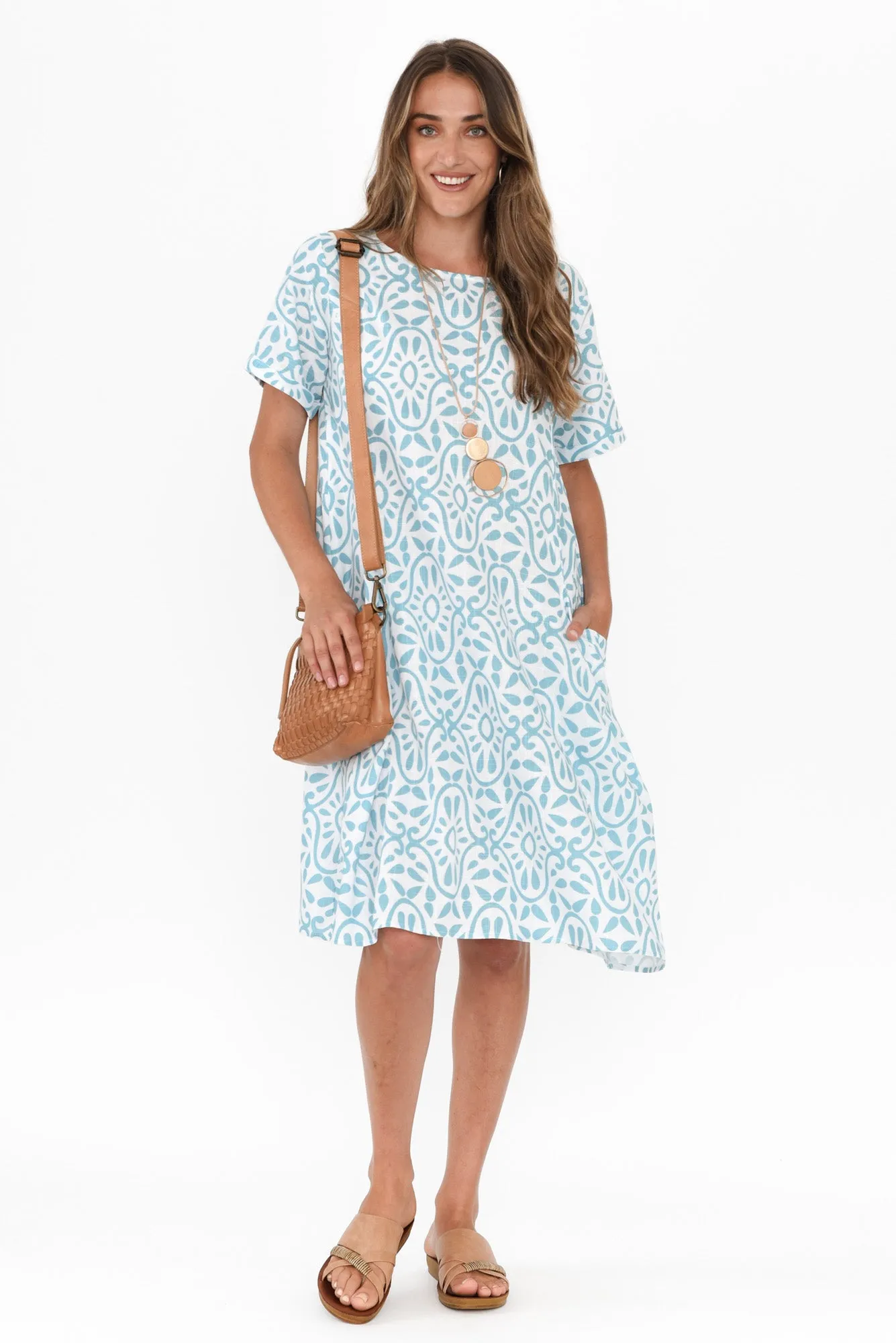 Shayann Blue Geo Linen Cotton Dress sold by Blue Bungalow