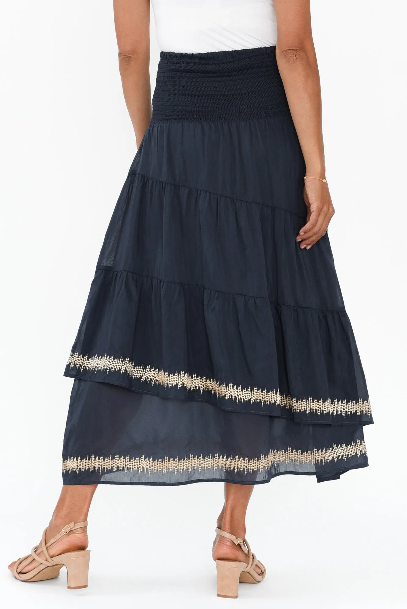 Mustique Ink Cotton Silk Tiered Skirt sold by Blue Bungalow product image thumbnail 5