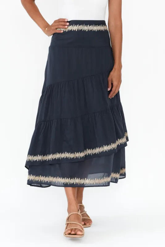 Mustique Ink Cotton Silk Tiered Skirt sold by Blue Bungalow
