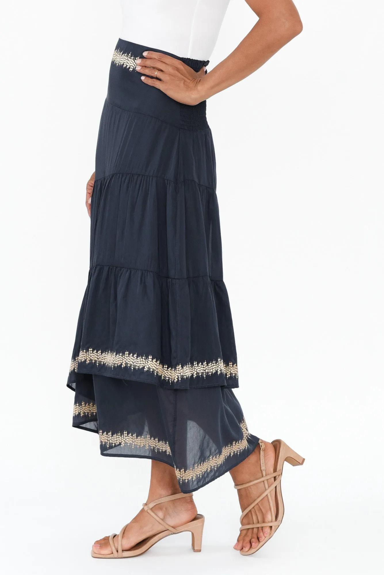 Mustique Ink Cotton Silk Tiered Skirt sold by Blue Bungalow product image thumbnail 4