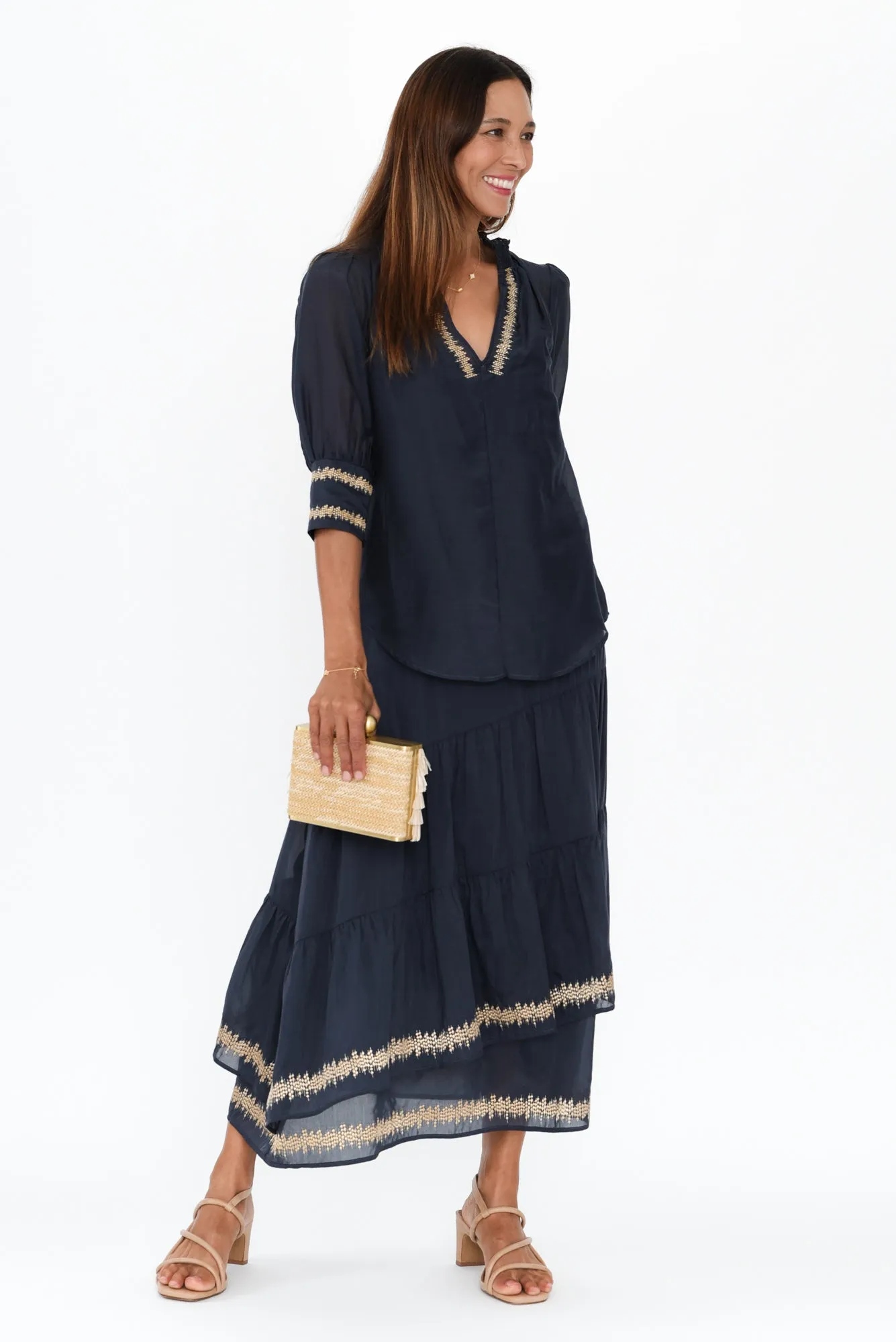 Mustique Ink Cotton Silk Tiered Skirt sold by Blue Bungalow product image thumbnail 2