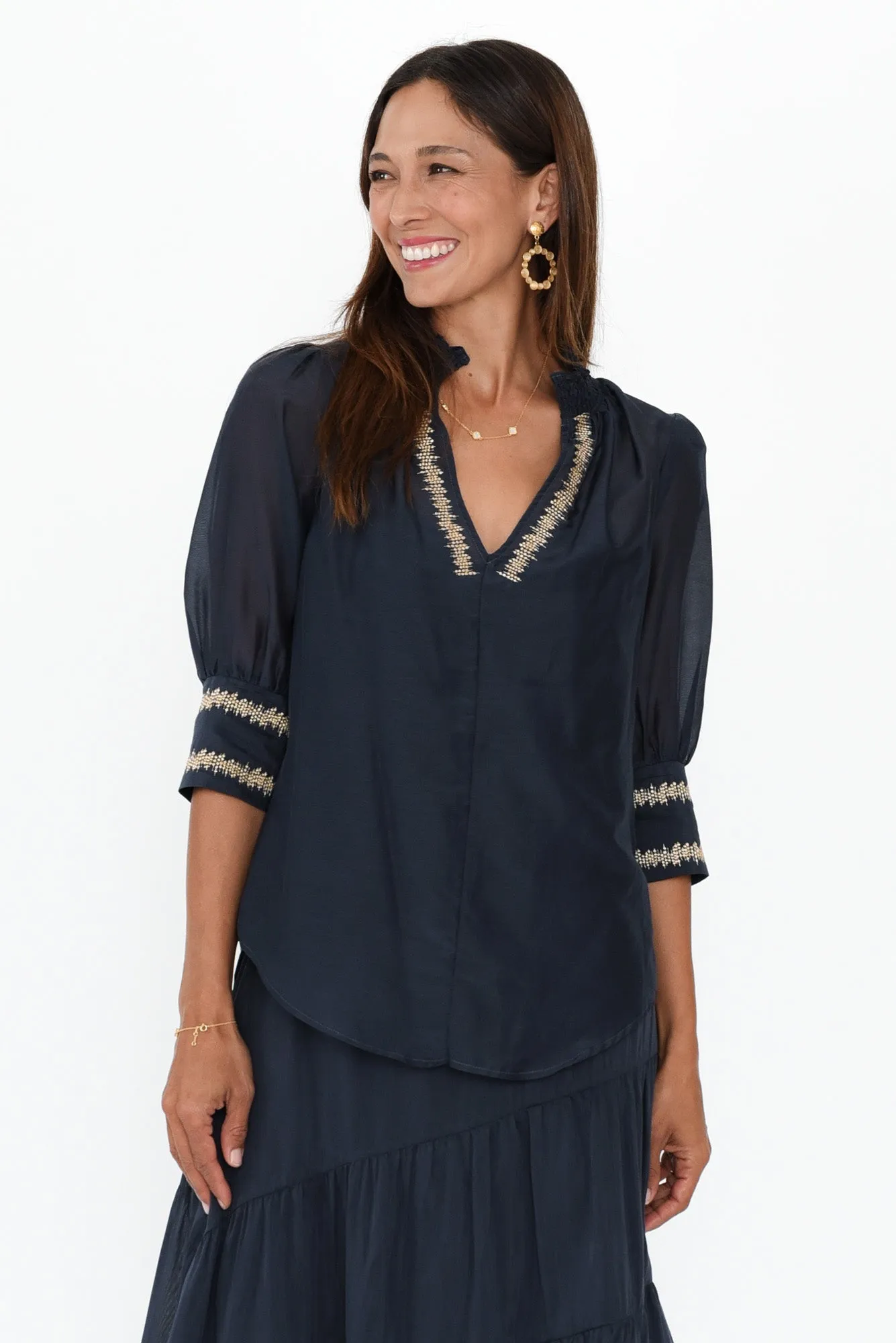 Mustique Ink Cotton Silk Embroidered Top sold by Blue Bungalow