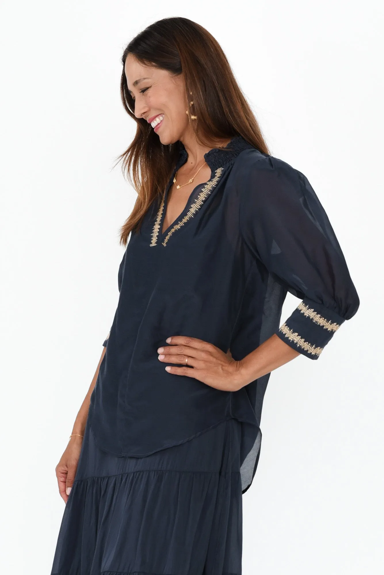 Mustique Ink Cotton Silk Embroidered Top sold by Blue Bungalow product image thumbnail 3