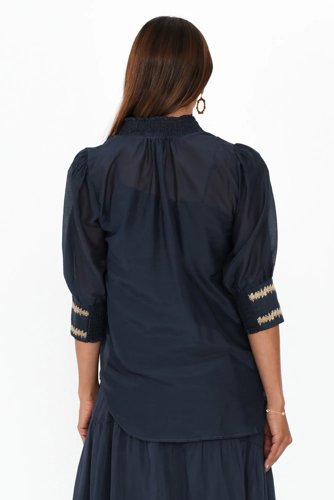 Mustique Ink Cotton Silk Embroidered Top sold by Blue Bungalow product image thumbnail 4