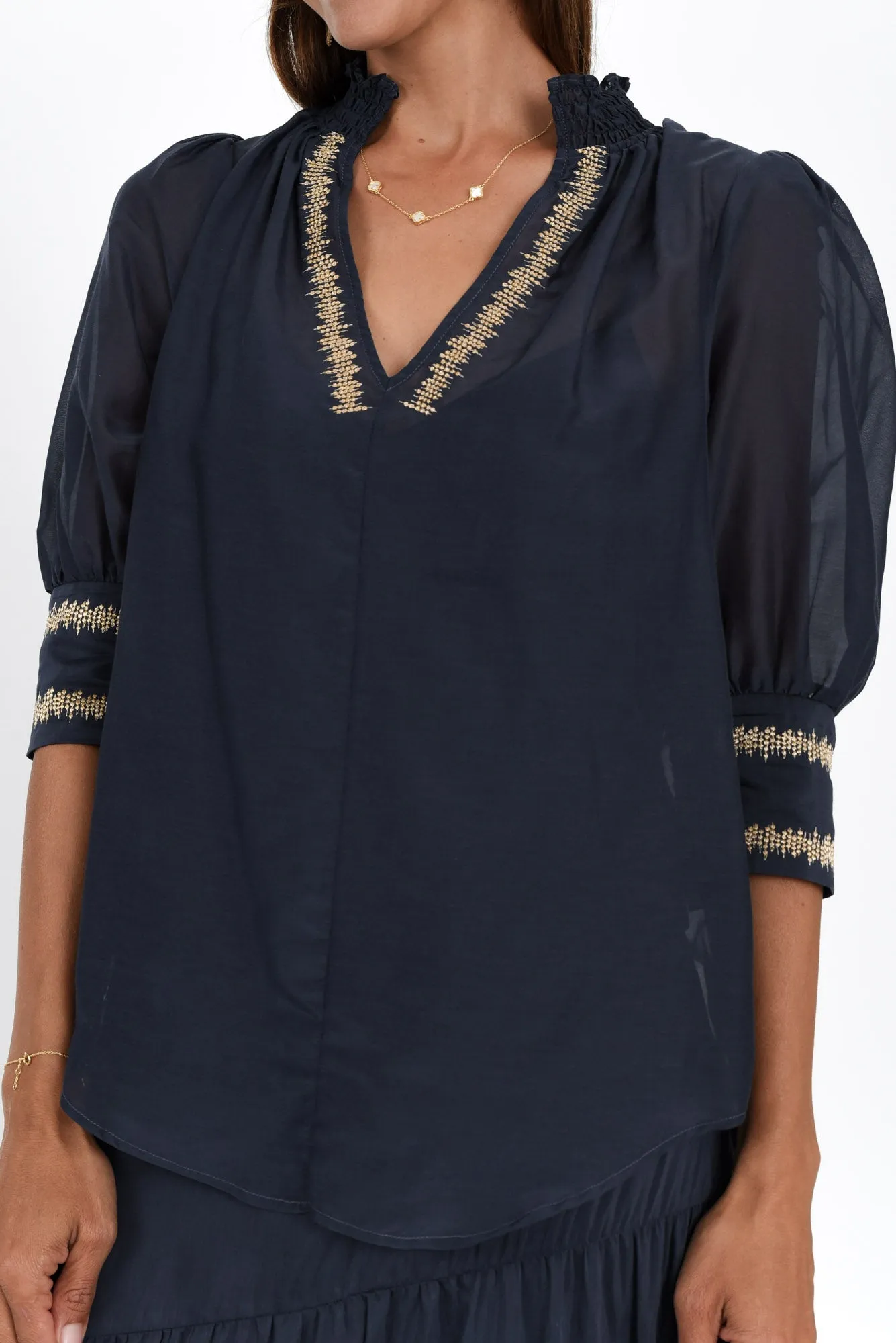Mustique Ink Cotton Silk Embroidered Top sold by Blue Bungalow product image thumbnail 5