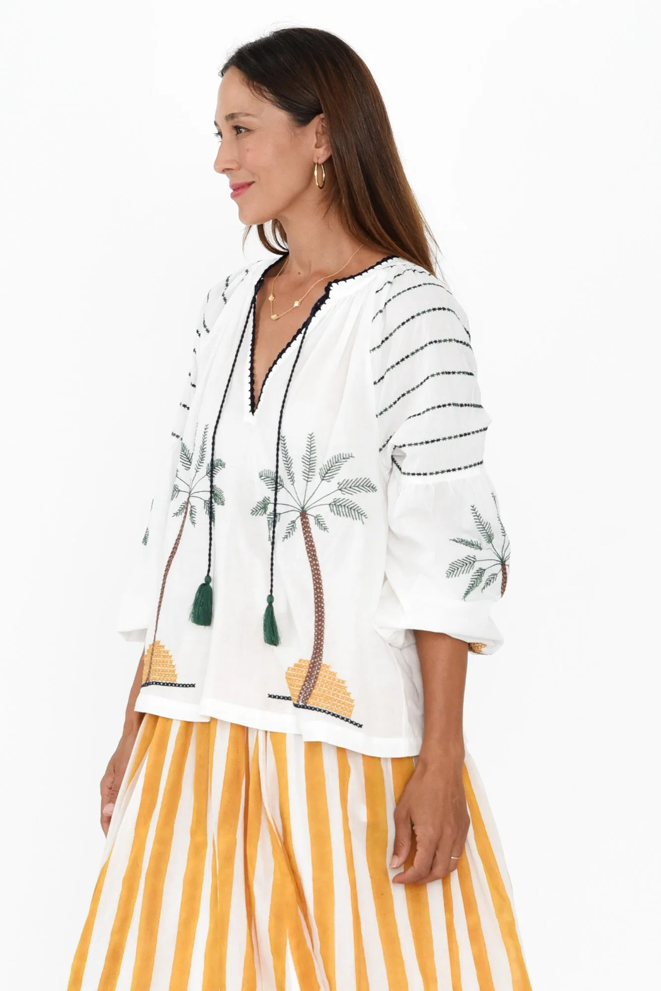 Elger White Palm Embroidered Cotton Shirt sold by Blue Bungalow product image thumbnail 3