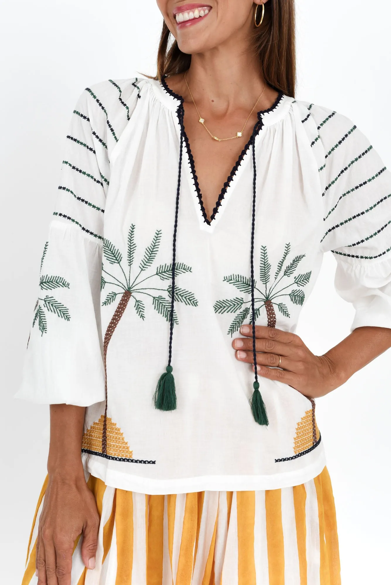 Elger White Palm Embroidered Cotton Shirt sold by Blue Bungalow product image thumbnail 5