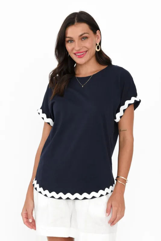 Sunny Navy Ric Rac Cotton Tee sold by Blue Bungalow