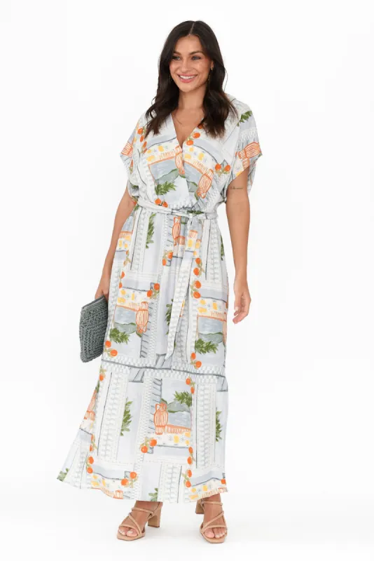 Terrace Blue Postcard Tie Dress sold by Blue Bungalow