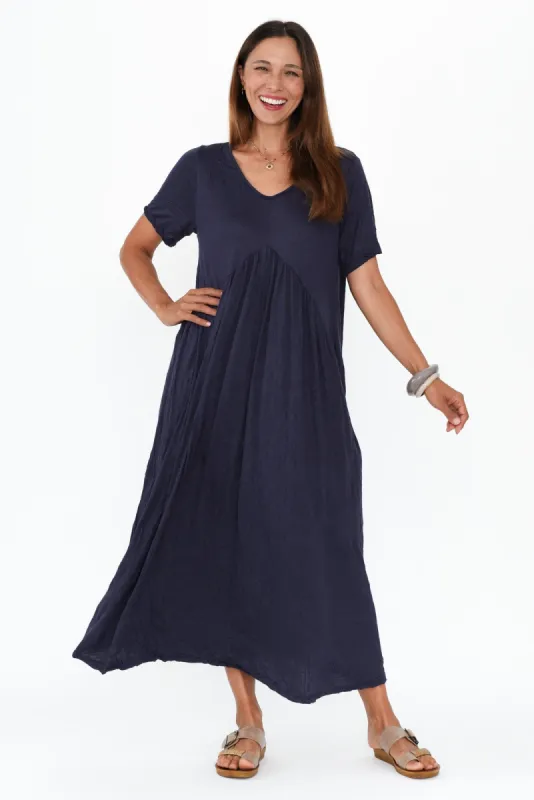 Savannah Dark Navy Crinkle Cotton Maxi Dress sold by Blue Bungalow