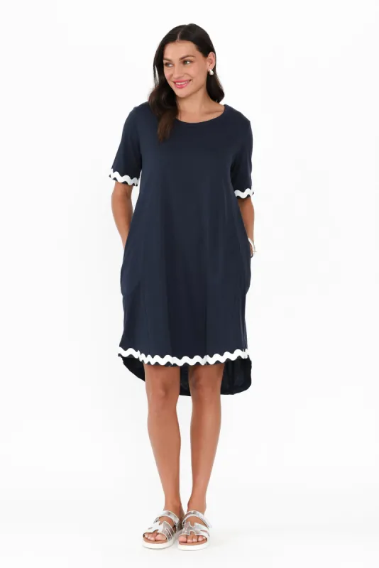 Nyree Navy Ric Rac Hi Lo Cotton Dress sold by Blue Bungalow
