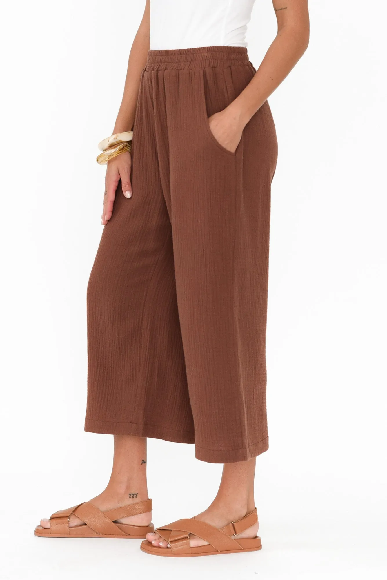 Hobart Mocha Cotton Cheesecloth Cropped Pants sold by Blue Bungalow product image thumbnail 3