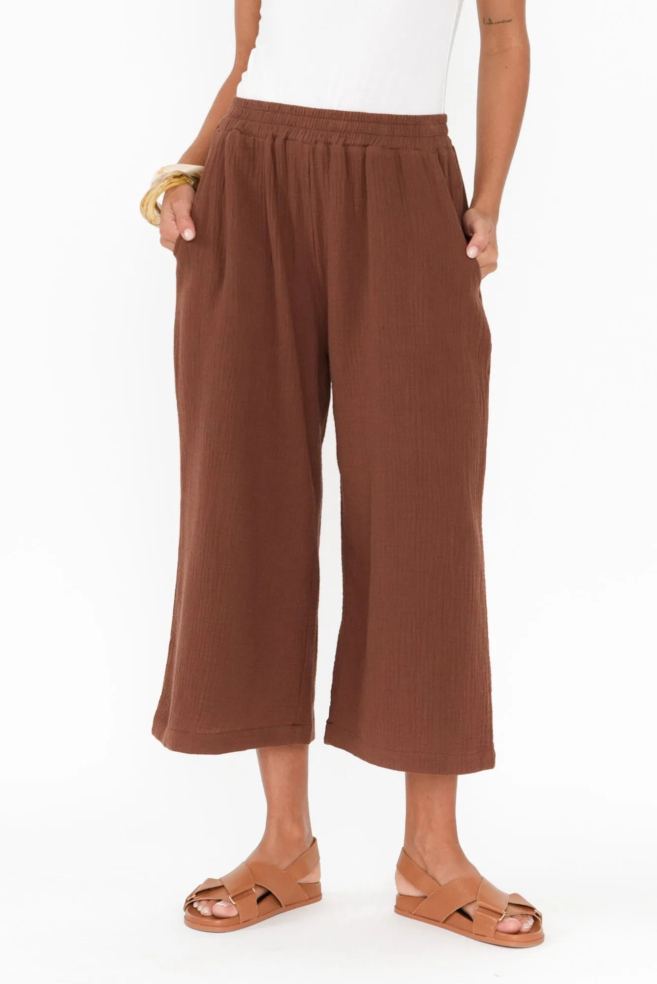 Hobart Mocha Cotton Cheesecloth Cropped Pants sold by Blue Bungalow