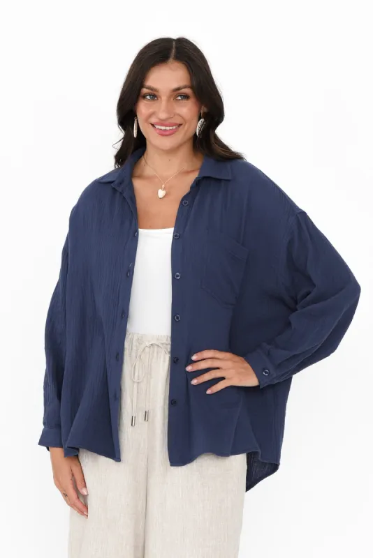Natalia Navy Cotton Cheesecloth Shirt sold by Blue Bungalow