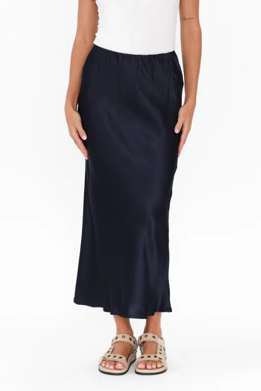 Minogue Navy Satin Bias Skirt sold by Blue Bungalow