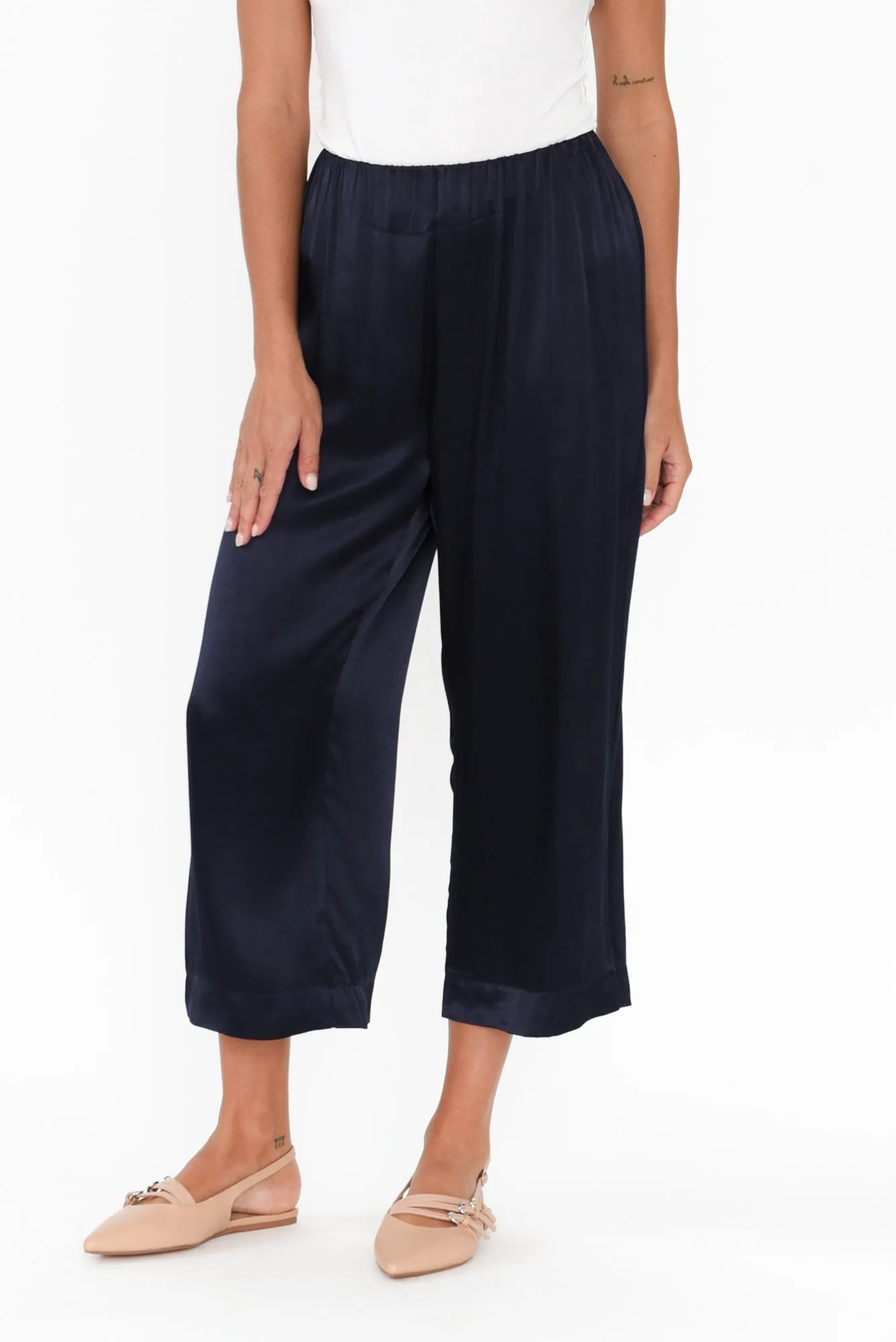 Athens Navy Satin Pants sold by Blue Bungalow