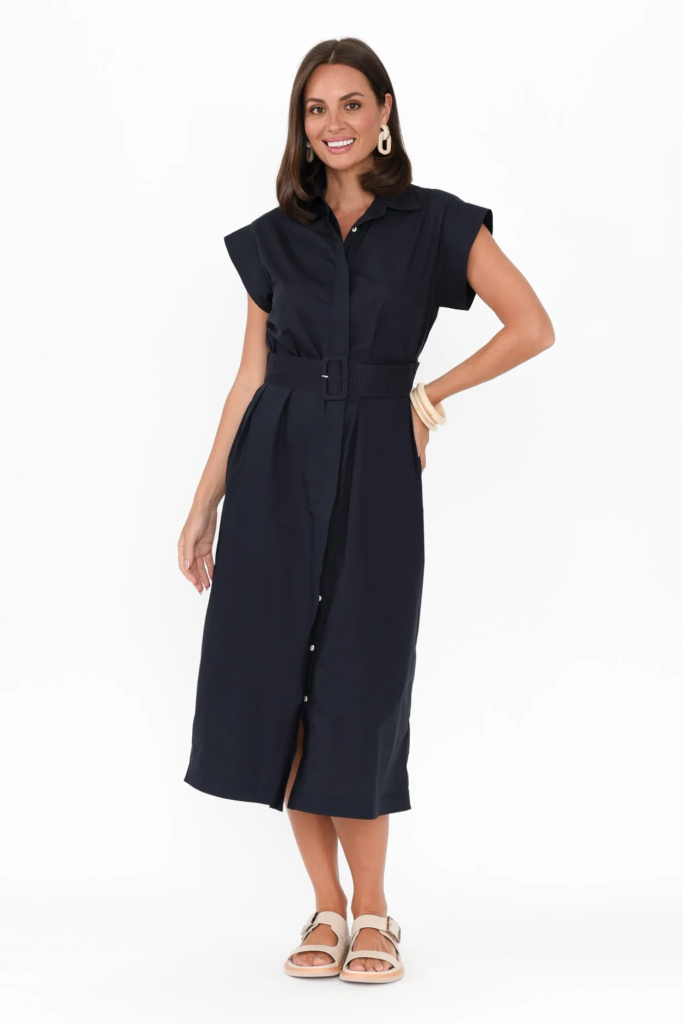 Gail Navy Cotton Belted Dress sold by Blue Bungalow