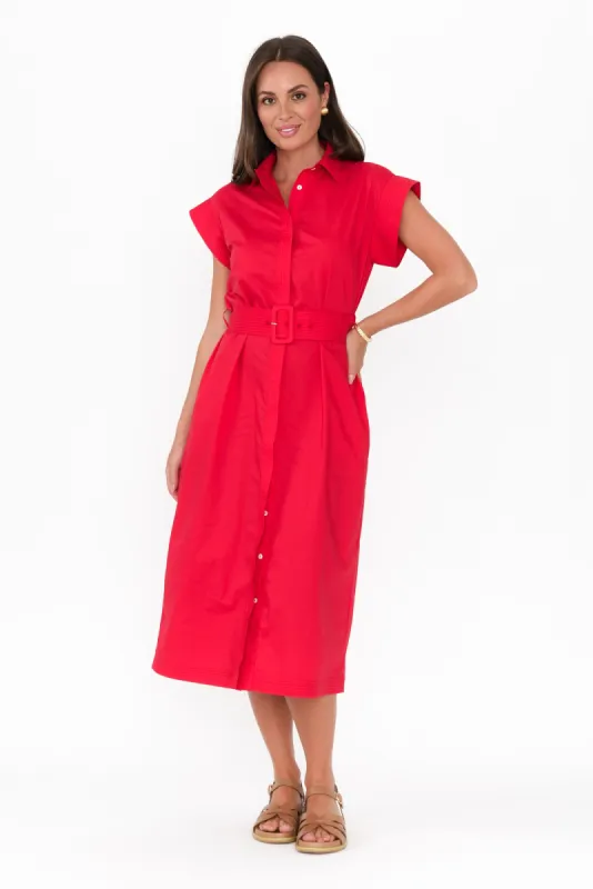 Gail Red Cotton Belted Dress sold by Blue Bungalow