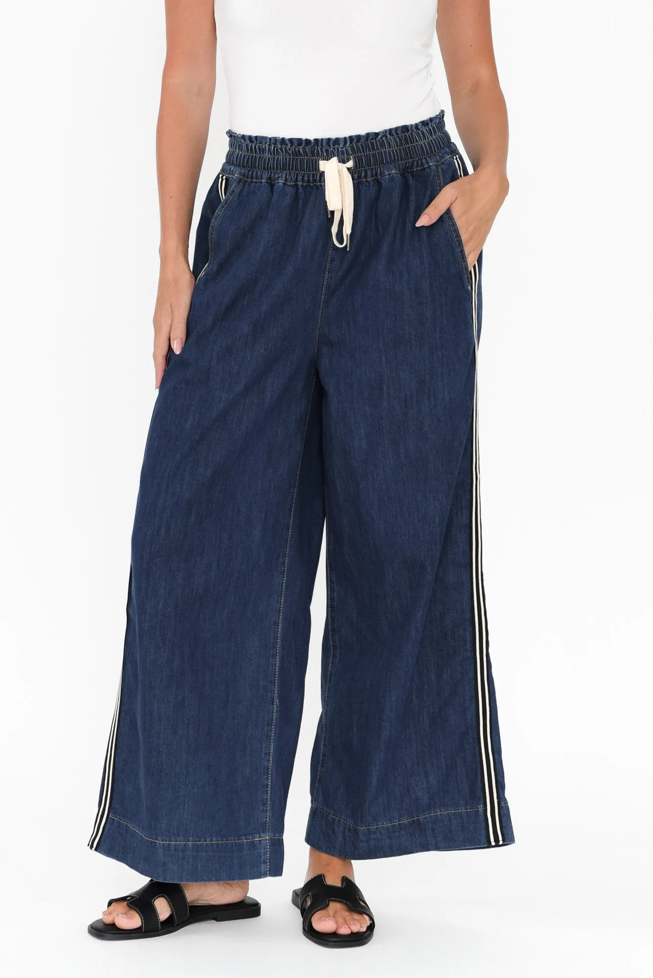Greta Dark Denim Stripe Wide Leg Pants sold by Blue Bungalow