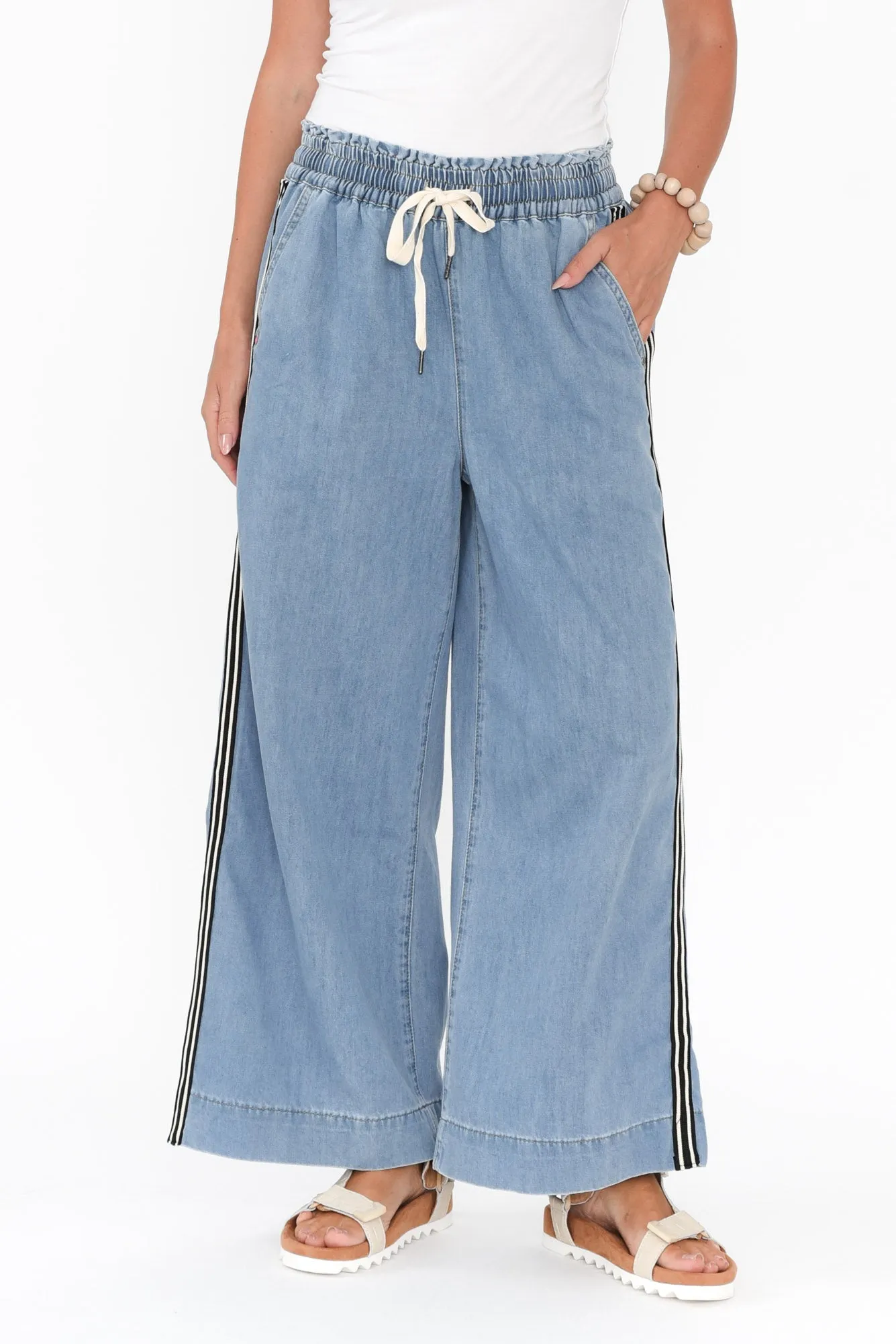 Greta Light Denim Stripe Wide Leg Pants sold by Blue Bungalow