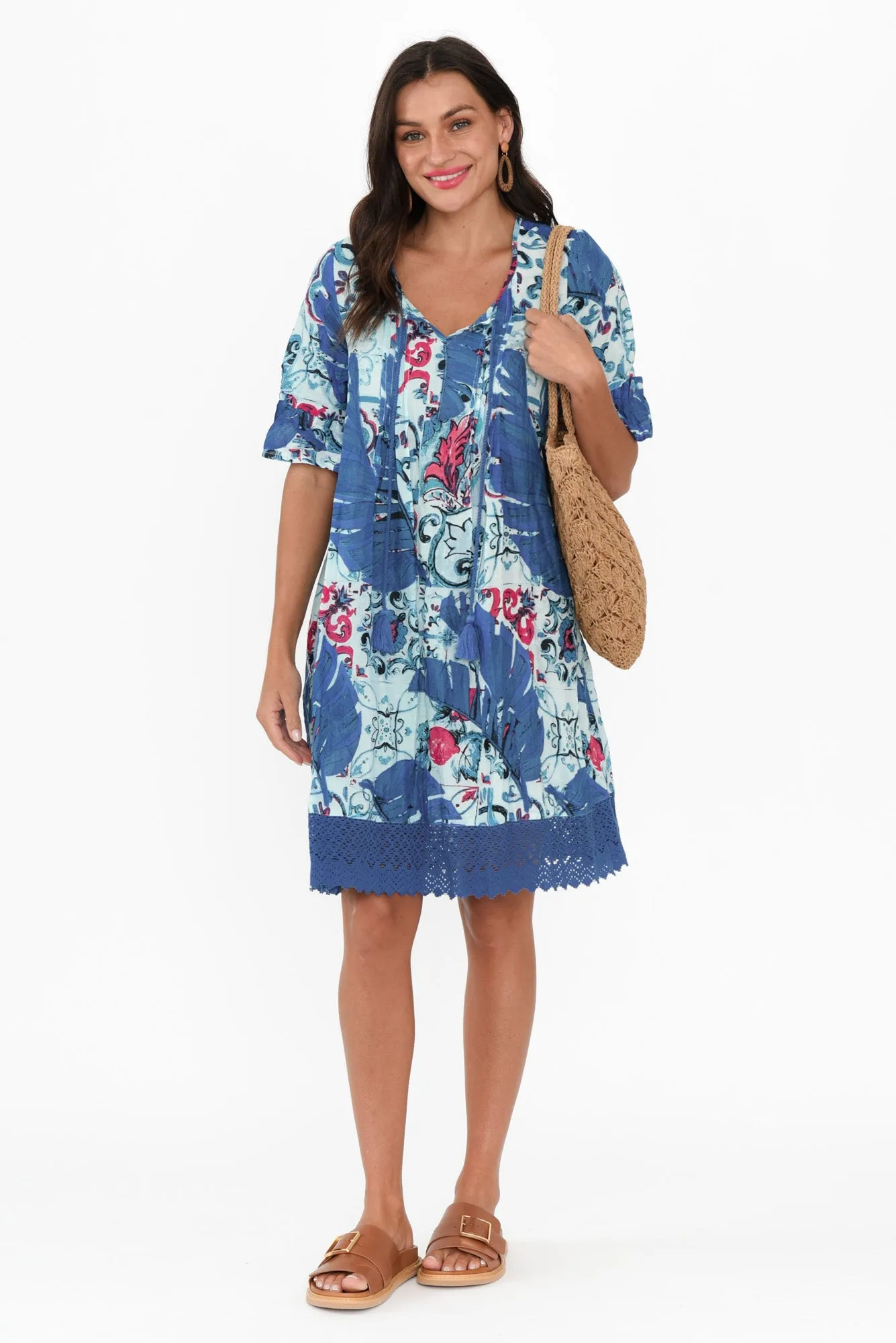 Cayman Blue Palm Cotton Tunic Dress sold by Blue Bungalow