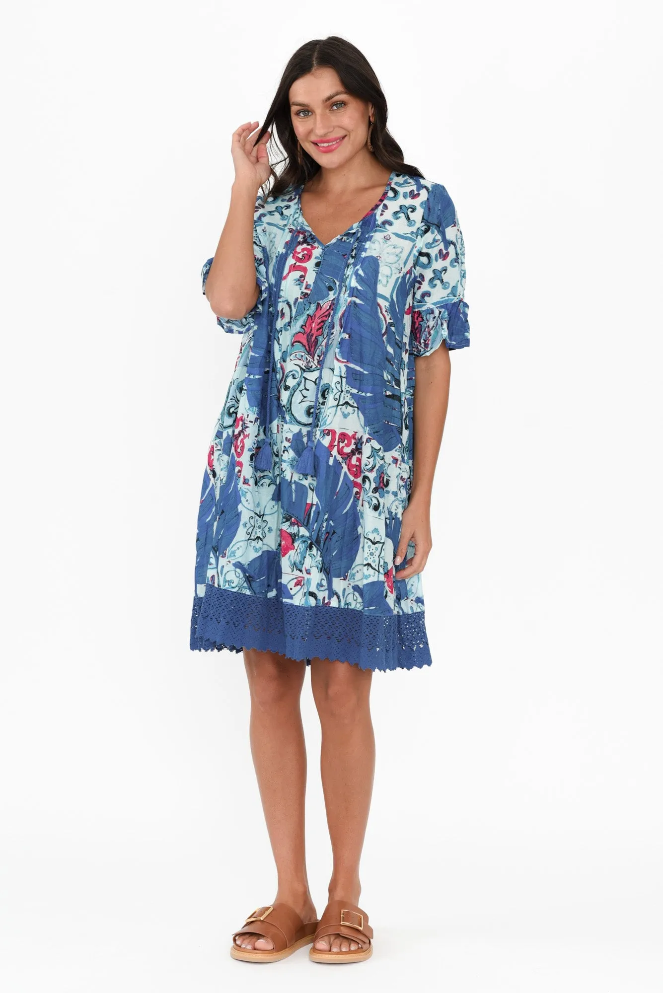 Cayman Blue Palm Cotton Tunic Dress sold by Blue Bungalow product image thumbnail 2