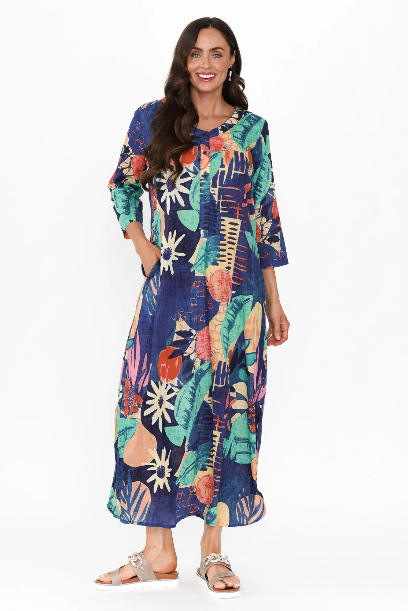 Apia Navy Geo Cotton Maxi Dress sold by Blue Bungalow