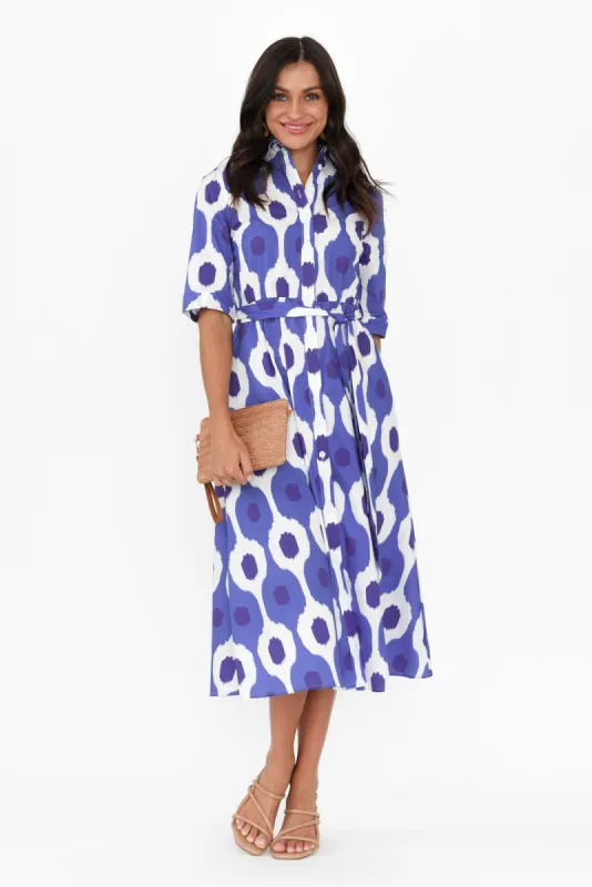 Grace Blue Abstract Spot Cotton Poplin Dress sold by Blue Bungalow
