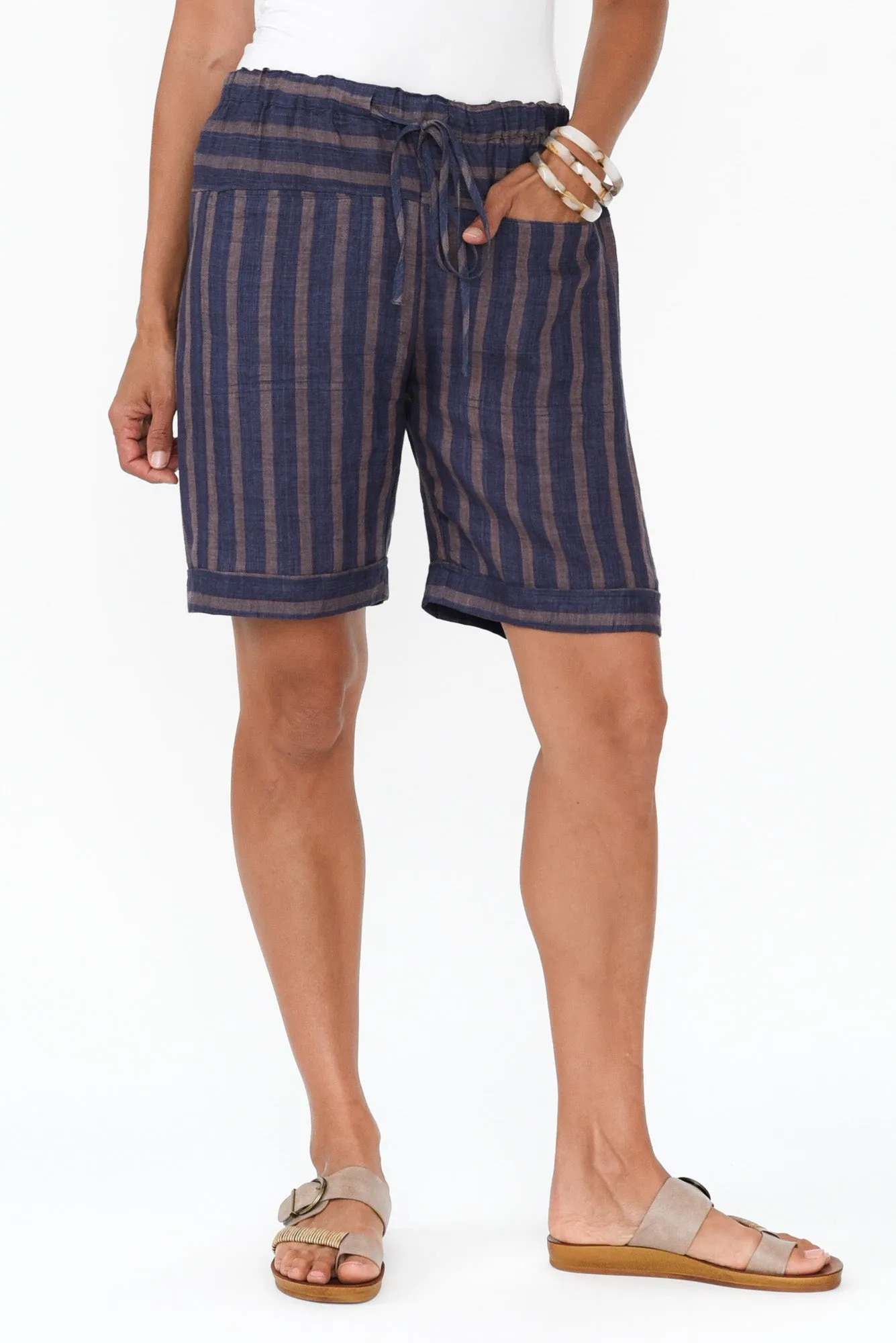 Arwen Navy Stripe Linen Drawstring Shorts sold by Blue Bungalow