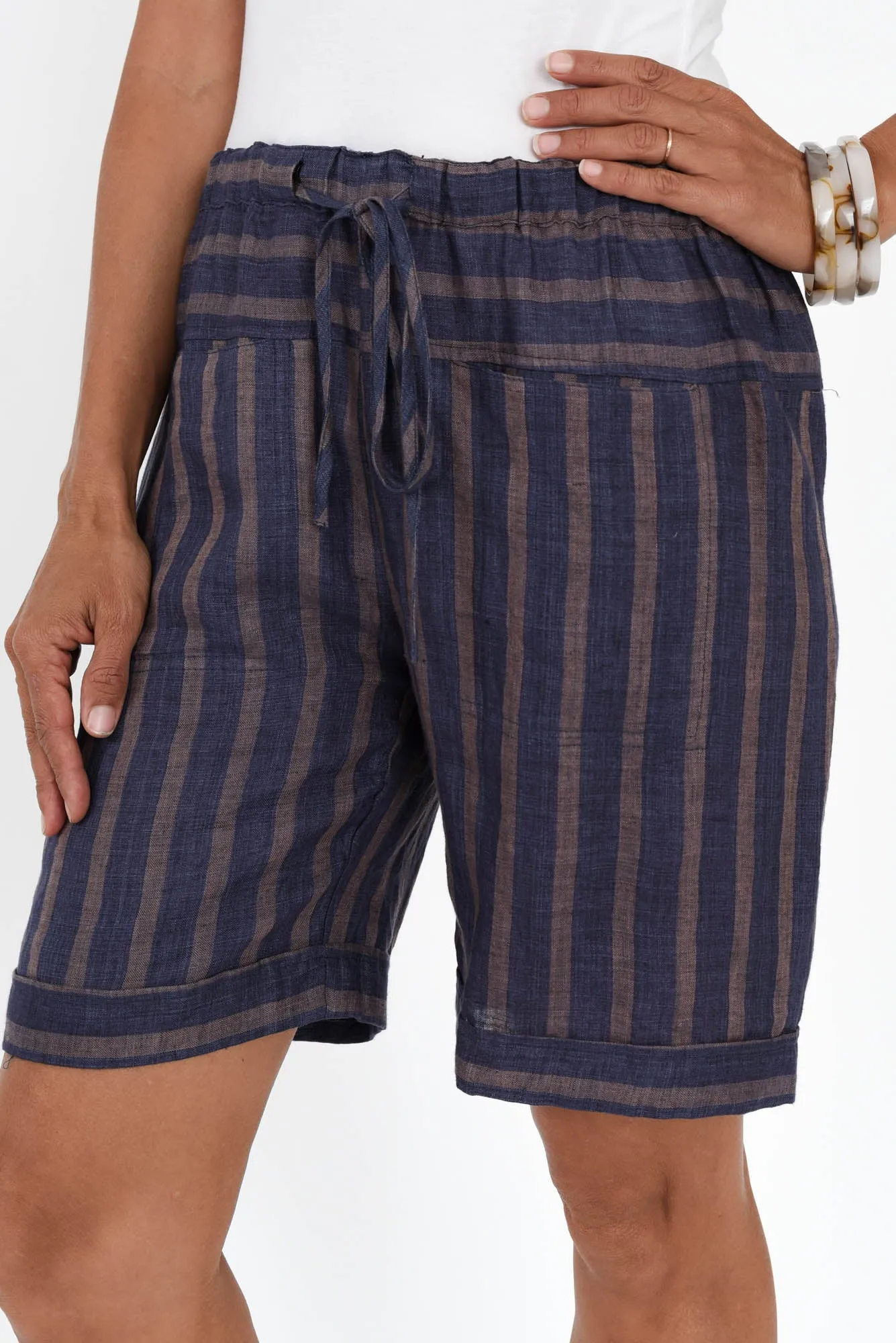 Arwen Navy Stripe Linen Drawstring Shorts sold by Blue Bungalow product image thumbnail 5