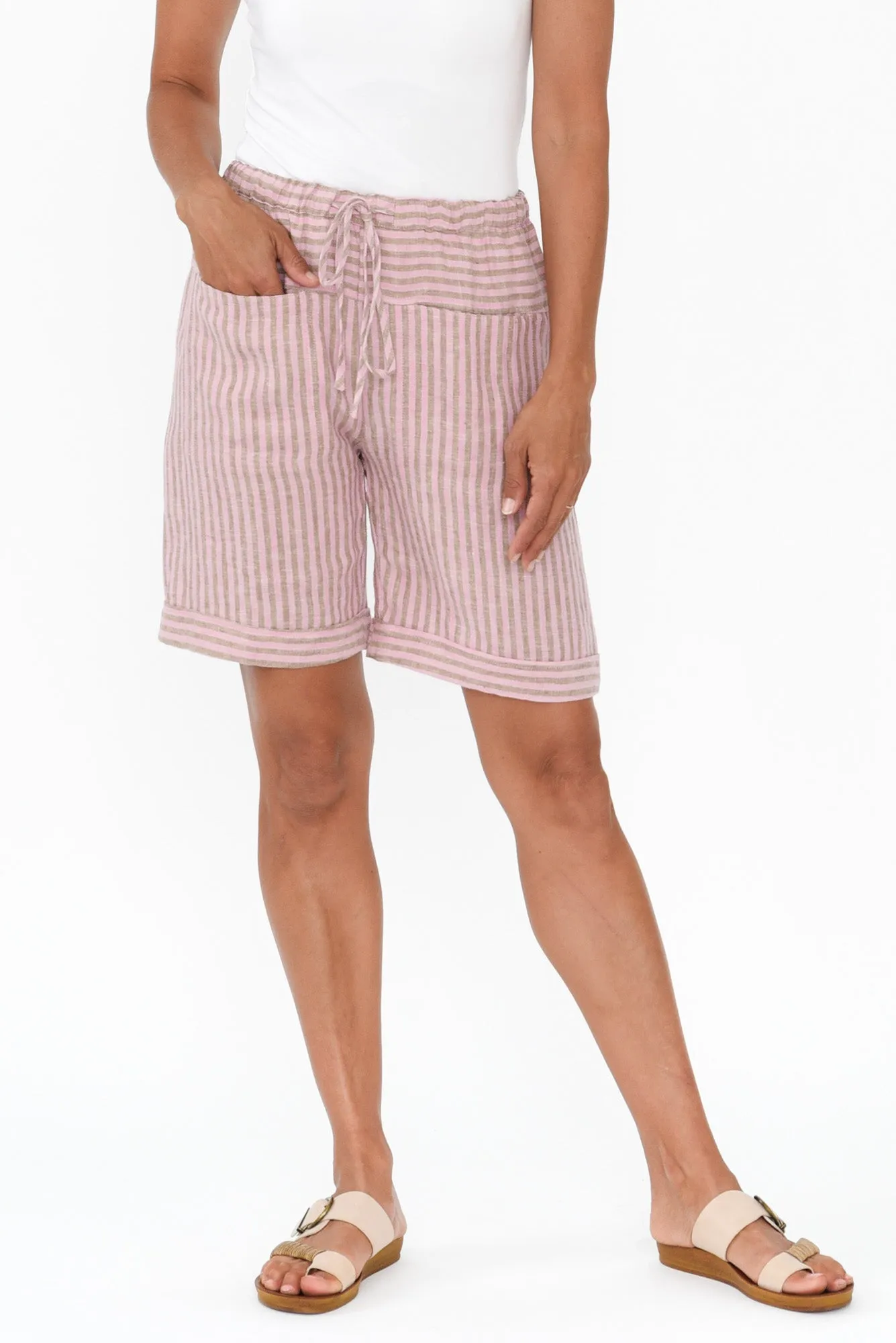 Arwen Beige Stripe Linen Drawstring Shorts sold by Blue Bungalow