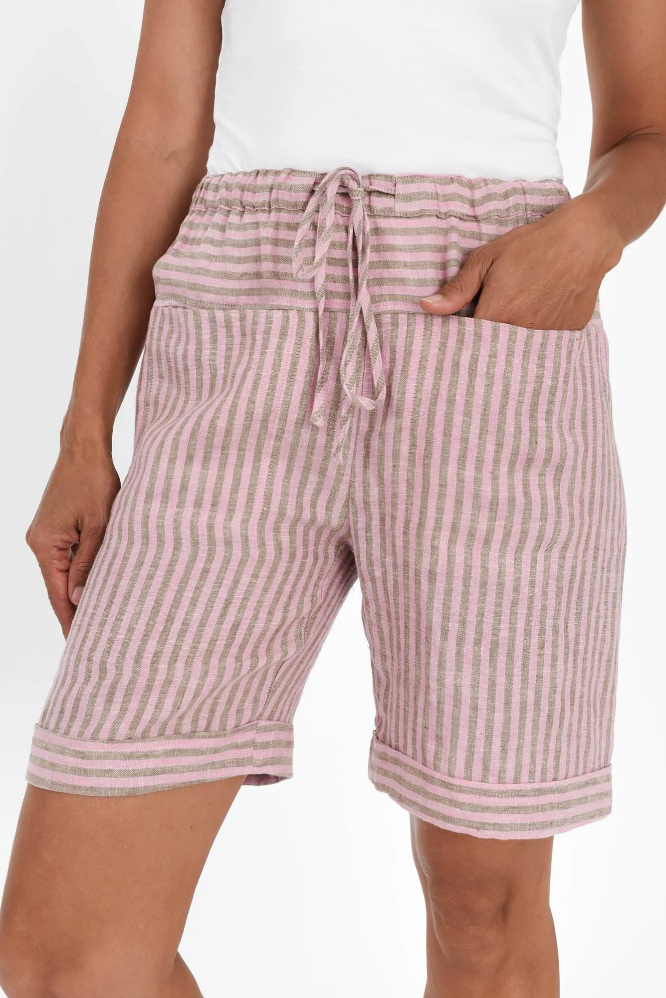 Arwen Beige Stripe Linen Drawstring Shorts sold by Blue Bungalow product image thumbnail 5