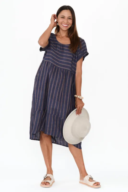 Liana Navy Stripe Linen Dress sold by Blue Bungalow