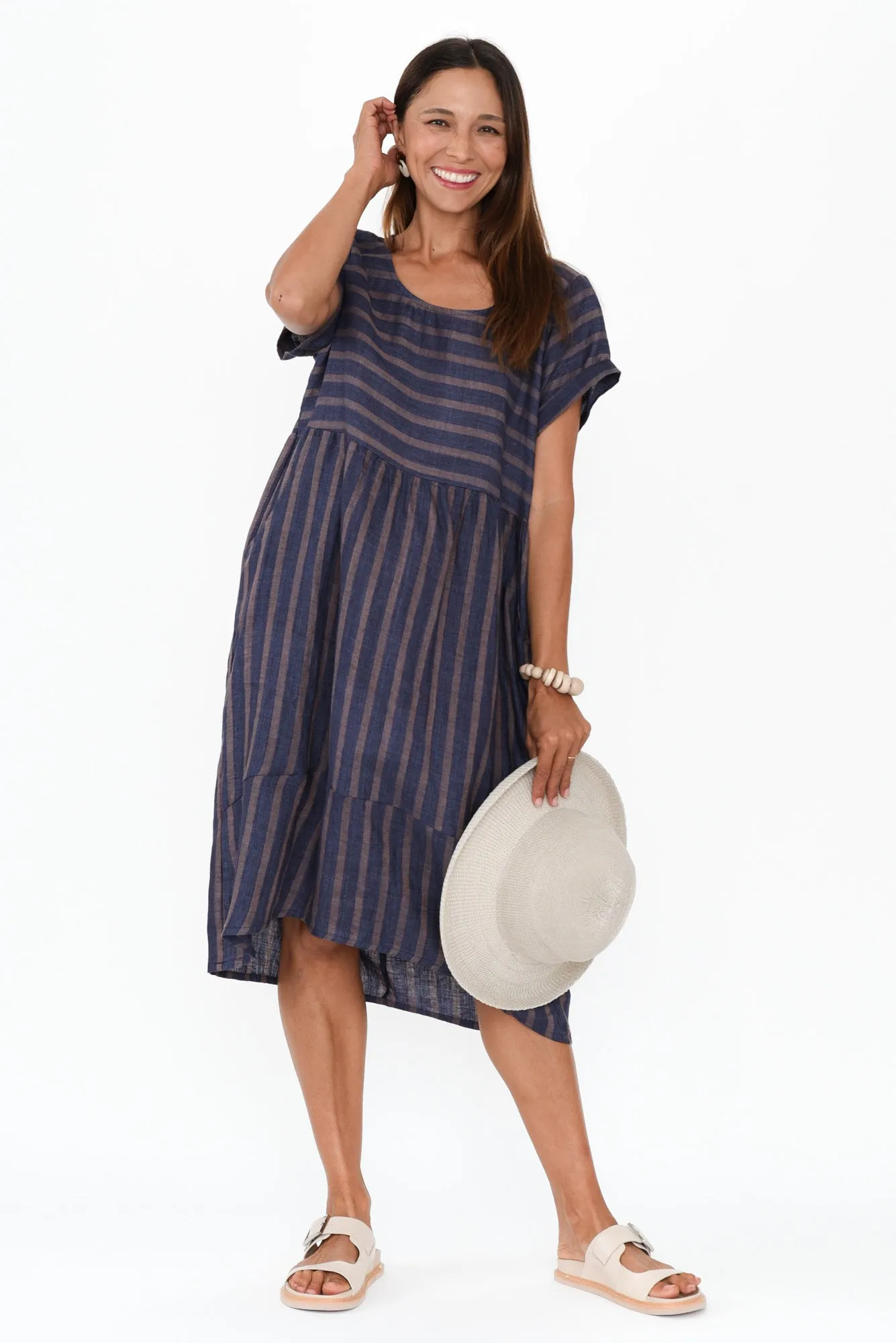 Liana Navy Stripe Linen Dress sold by Blue Bungalow