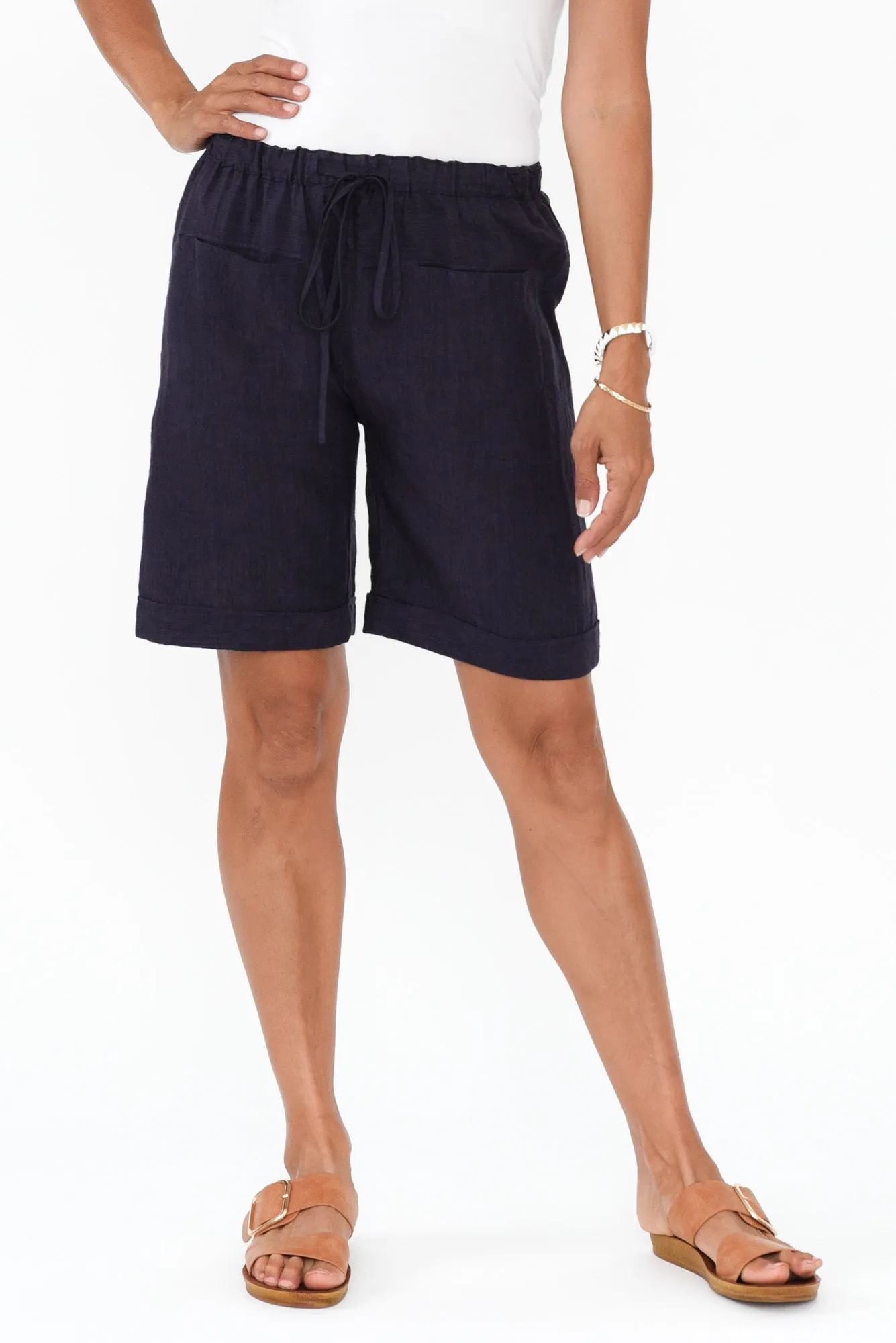 Arwen Navy Linen Drawstring Shorts sold by Blue Bungalow